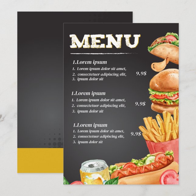 Menu du restaurant de fastfood (Devant / Derrière)