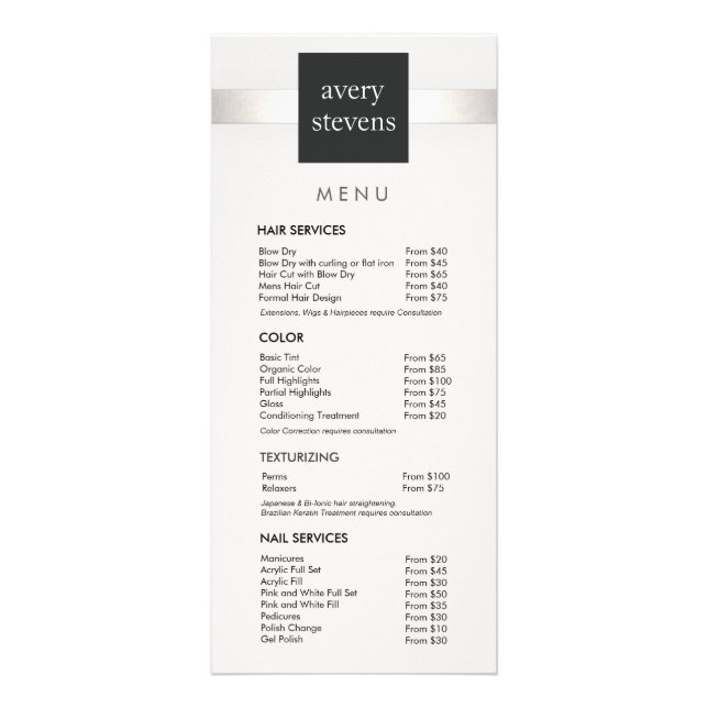 Menu du salon moderne Argent rayé noir et blanc (Devant)