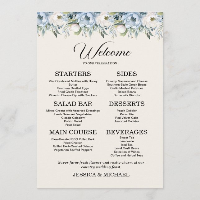 Menu Dusty Blue Floral Country Wedding Réception (Devant)