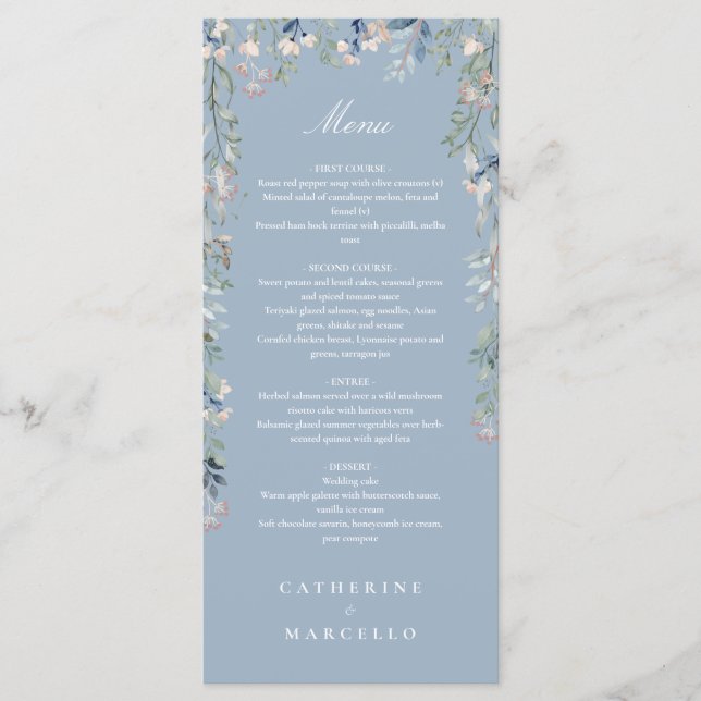 Menu Dusty Blue Floral Fleur sauvage Dîner Mariage (Devant)