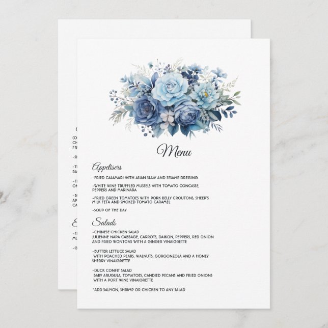 Menu Dusty Blue Floral Mariage (Devant / Derrière)