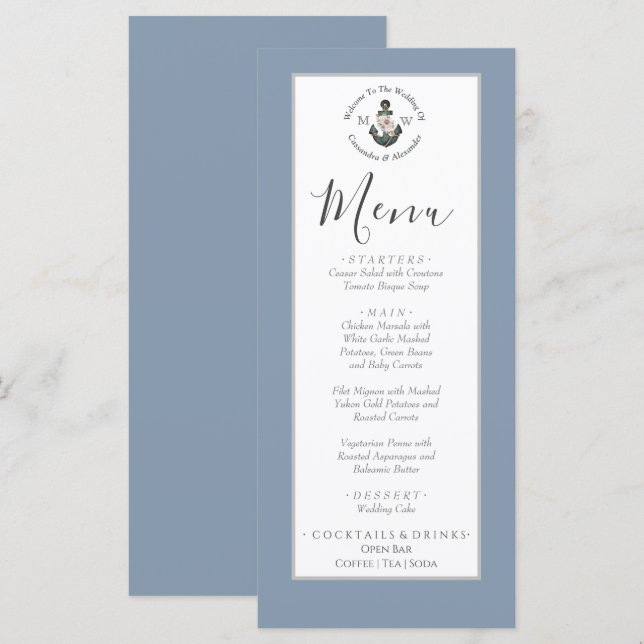 Menu Dusty Blue gris argent, thème nautique mariage (Devant / Derrière)