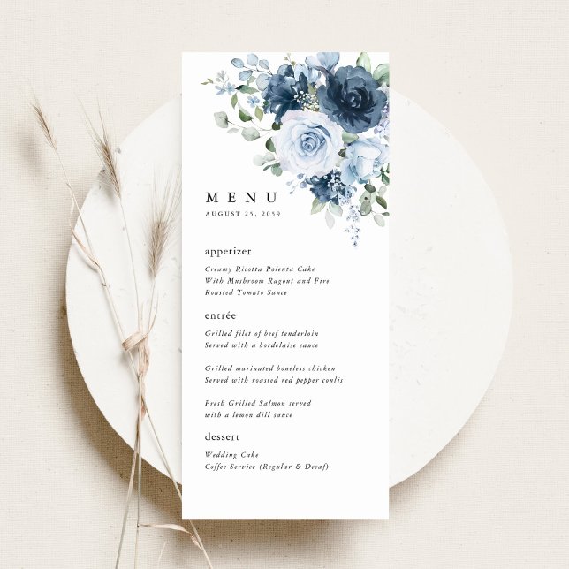 Menu Dusty Blue Navy Floral Wedding Reception Dinner (Dusty blue floral wedding menu card on a neutral plate, elegant watercolor flowers & modern layout)
