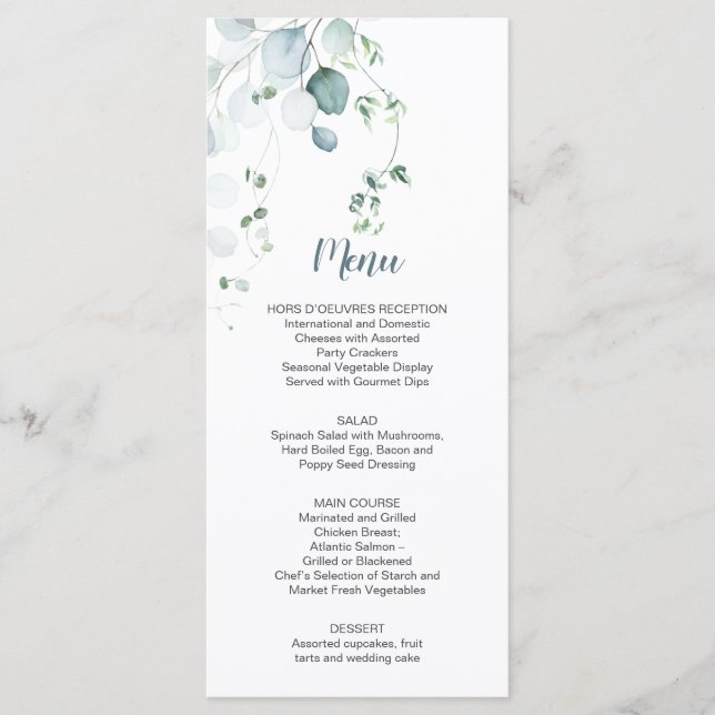 Menu Dusty Blue Sage Green Eucalyptus Mariage botanique (Devant)