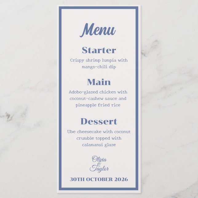 Menu Dusty Blue Watercolor Floral Wedding (Devant)