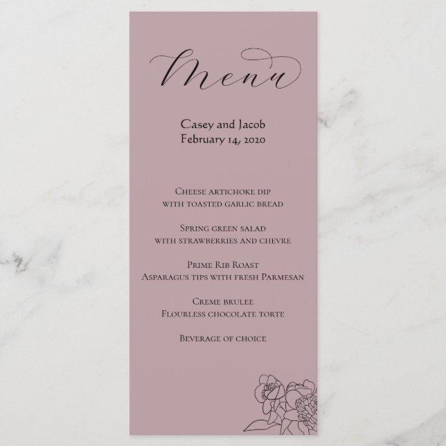 Menu Dusty Mauve pour Mariages ou événements (Devant)