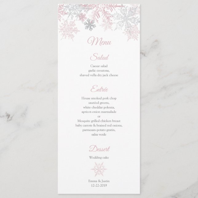 Menu Dusty Pink & Silver Snowflakes Winter Wonderland (Devant)