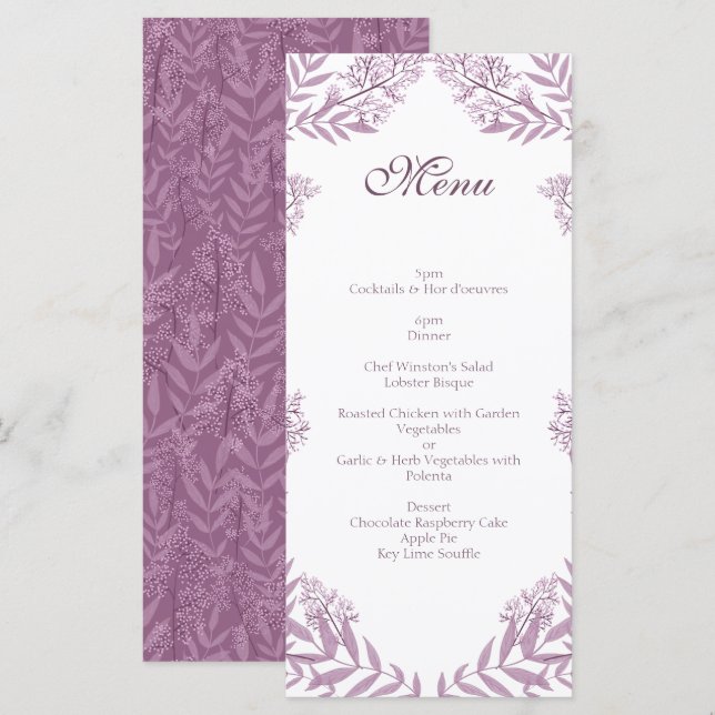 Menu Dusty Plum violet Mariage Botanique (Devant / Derrière)