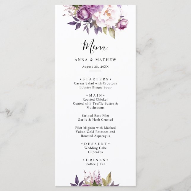 Menu Dusty Purple Lavender Floral Boho mariage (Devant)