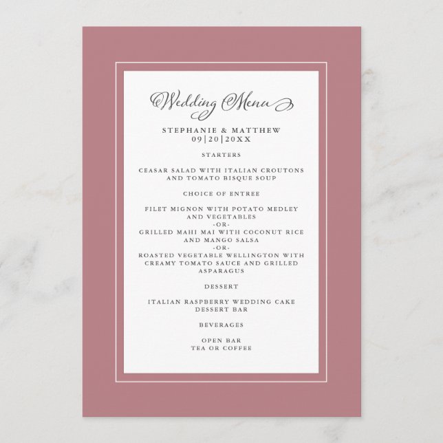 Menu Dusty Rose Mariage moderne chic bordures (Devant)
