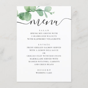 Menu Eau-couleur eucalyptus. Mariage de script élégant