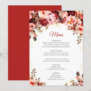 Menu Élégance Écarlate Fleurie Quinceañera Anniversaire