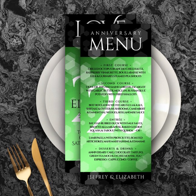 Menu Élégant 20e anniversaire de Mariage d'émeraude (Elegant 20th Emerald Wedding Anniversary Menu Rack Card Cover Photo.)