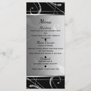 Menu élégant à tourbillon floral noir et argent fa