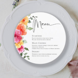 Menu Elégant Aquarelle Fleurs Lumineuses Dîner Mariage