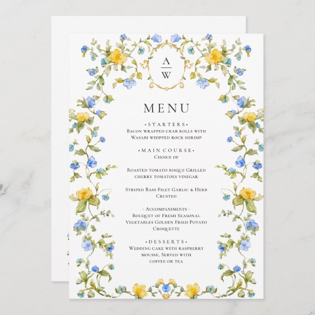 Menu Elégant Aquarelle Fleurs sauvages Dîner Mariage (Devant / Derrière)
