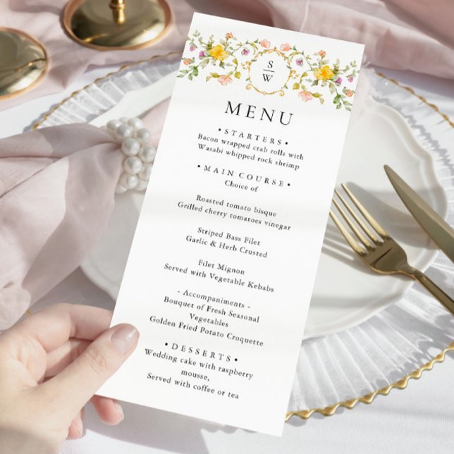 Menu Elégant Aquarelle Fleurs sauvages Dîner Mariage (Créateur téléchargé)