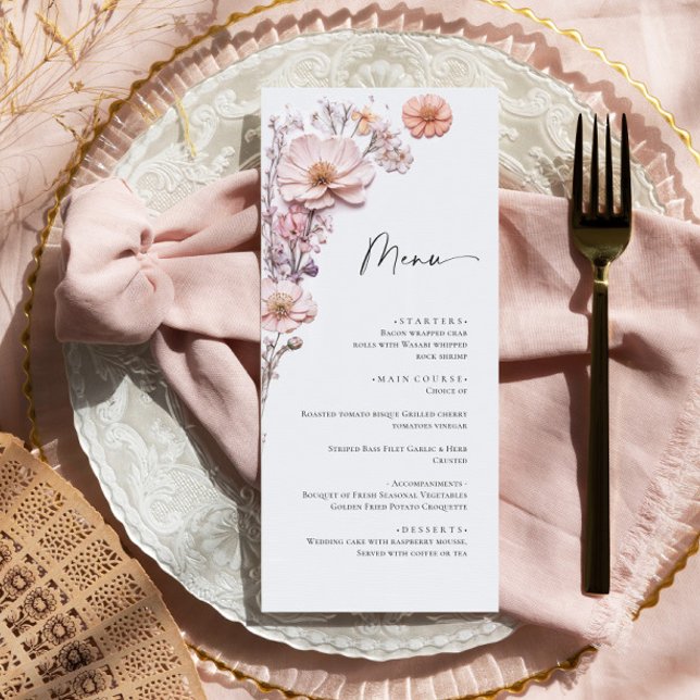 Menu Elégant Aquarelle Fleurs sauvages Dîner Mariage (Créateur téléchargé)