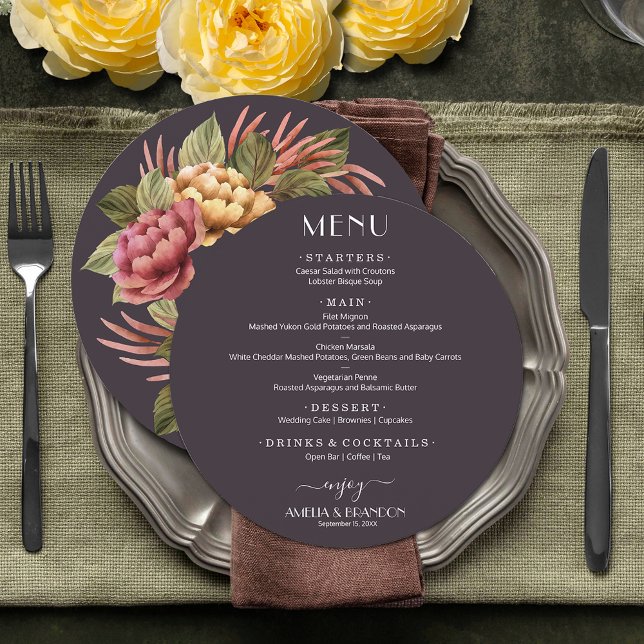 Menu Elégant aquarelle Floral Mariage rond (Elegant moody dramatic watercolor floral round 2-sided wedding menu)