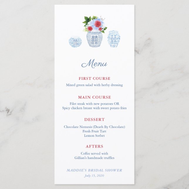 Menu Élégant aquarelle mariage rouge blanc bleu Shower (Devant)