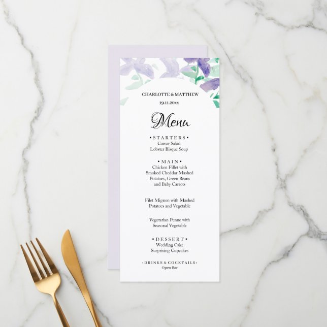Menu Elégant Beau Lilac Boho Aquarelle Florale (Devant/Arrière en situation)