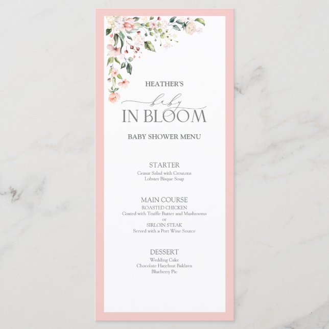 Menu Élégant bébé rose en fleur Script Baby shower fill (Devant)