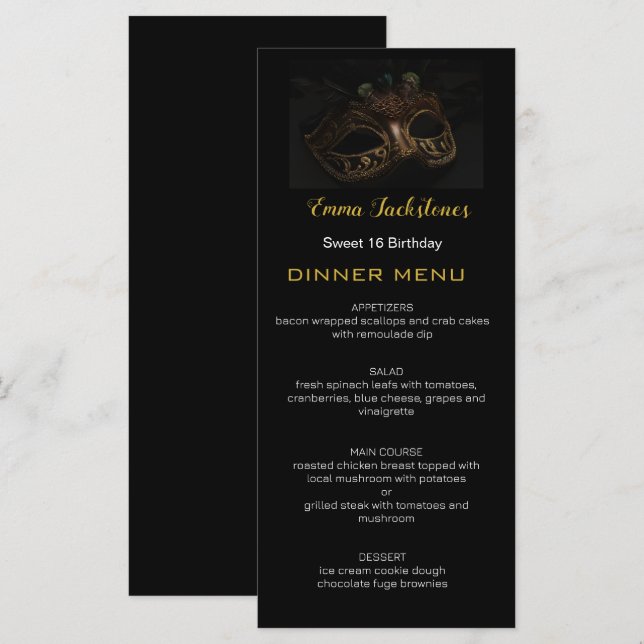 Menu Elégant Black Gold Sweet 16 Masquerade Masque (Devant / Derrière)