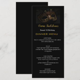 Menu Elégant Black Gold Sweet 16 Masquerade Masque