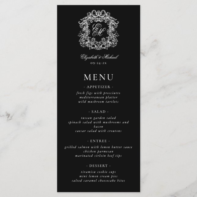 Menu Elegant Black White Formal Monogram Crest Wedding (Devant)