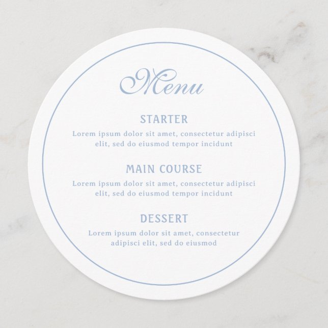 Menu Elégant blanc et bleu clair rond (Devant)