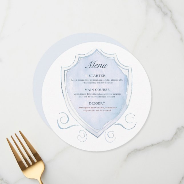 Menu Elégant bleu clair Aquarelle Crest Round (Devant/Arrière en situation)