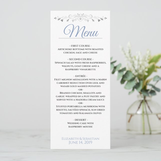 Menu Elégant bleu et argent Filigree avec Mariage de co (Debout devant)