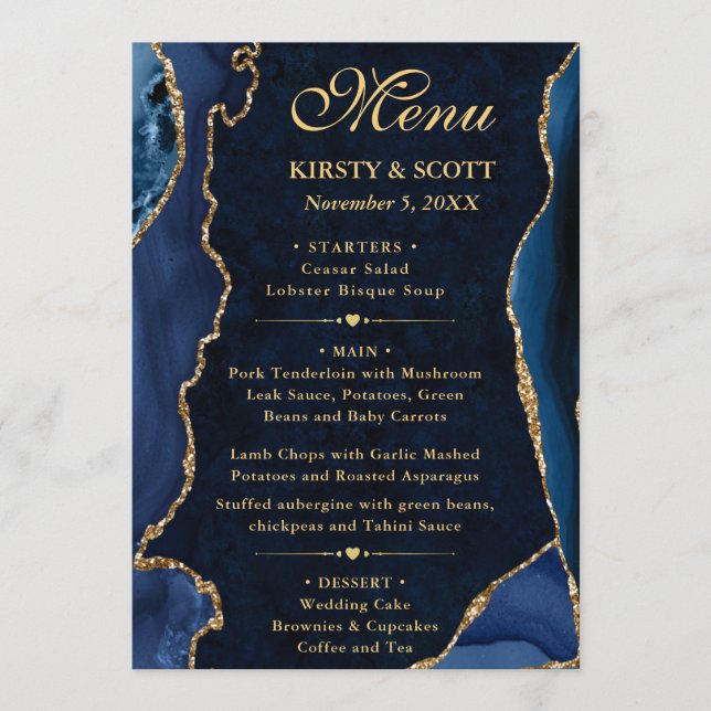Menu Elégant bleu et or Parties scintillant  Agate Mari (Devant)