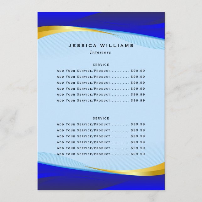 Menu Elégant Bleu Gold Business Price List (Devant)
