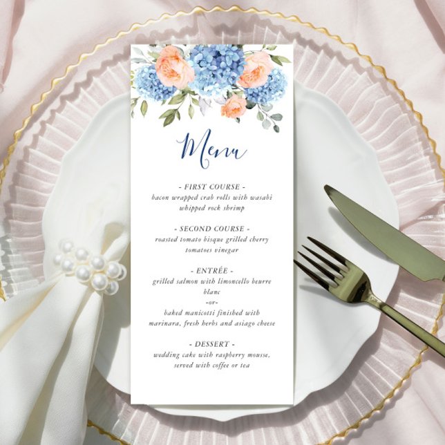 Menu Élégant bleu Hydrangea rose Rose Mariage (Créateur téléchargé)