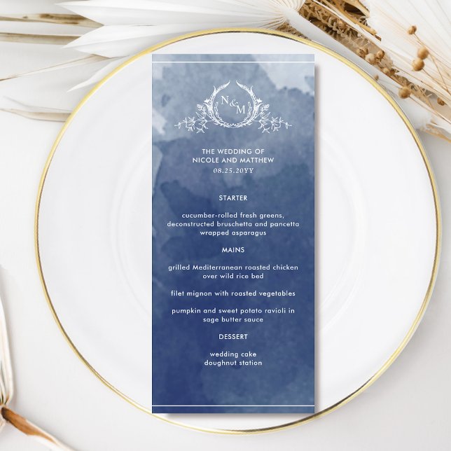 Menu Elégant bleu marine aquarelle, Mariage Monogramme (Créateur téléchargé)