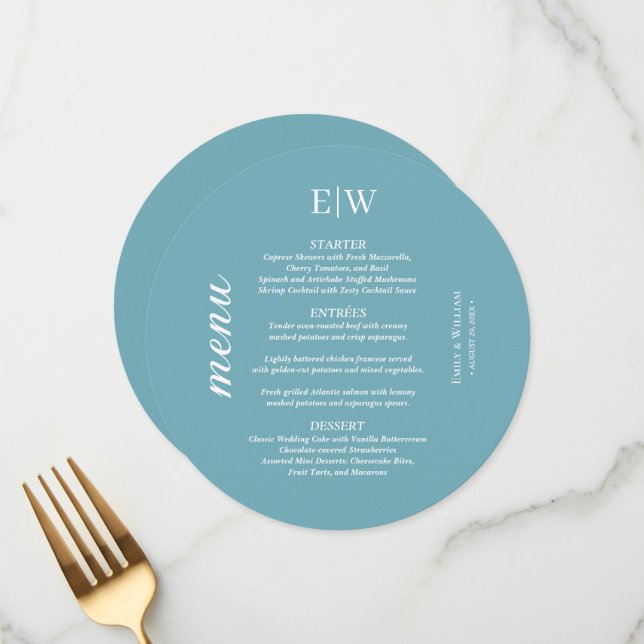 Menu Élégant bleu rétro simple avec Mariage Monogram (Devant/Arrière en situation)