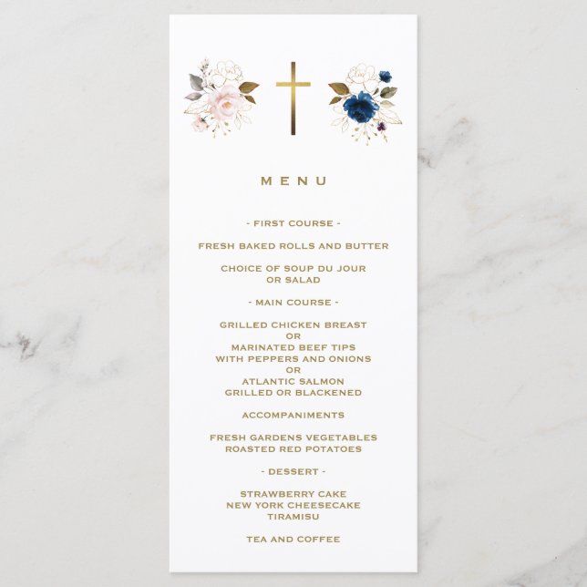 Menu Élégant bleu rose Floral Gold Cross jumeaux Baptêm (Devant)