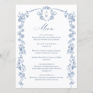 Menu Elégant Bleu Vintage Jardin Fleurs Mariage Dîner