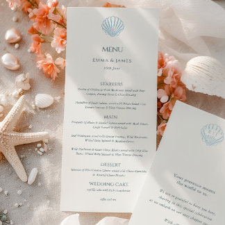 Menu Elegant Blue Seashell Ivory Double Side Wedding 