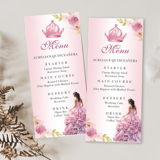 Menu Elégant Blush rose Floral Quinceañera Anniversaire (Créateur téléchargé)