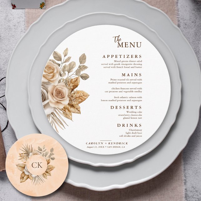 Menu Elégant Boho Neutre Flore Accents Mariage rond (Créateur téléchargé)