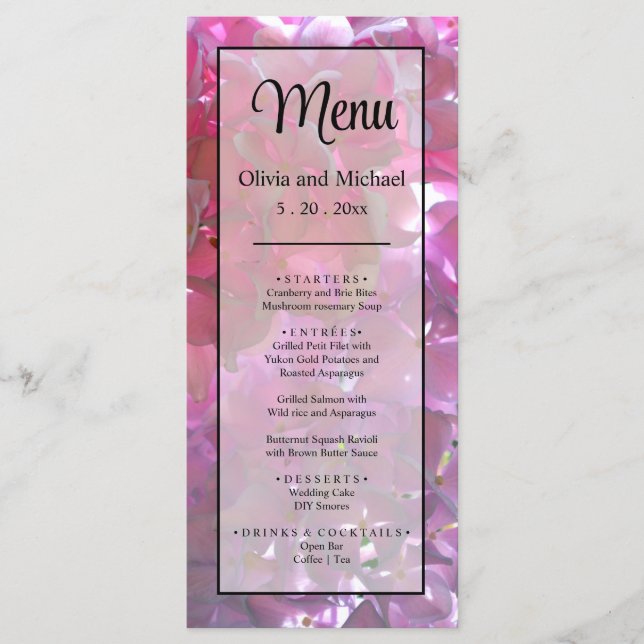 Menu Élégant boho rose florales fleurs hydrangées (Devant)