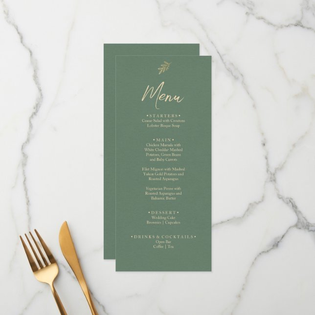 Menu Élégant Boho Vert Et Or Jardin Dîner Mariage (Devant/Arrière en situation)