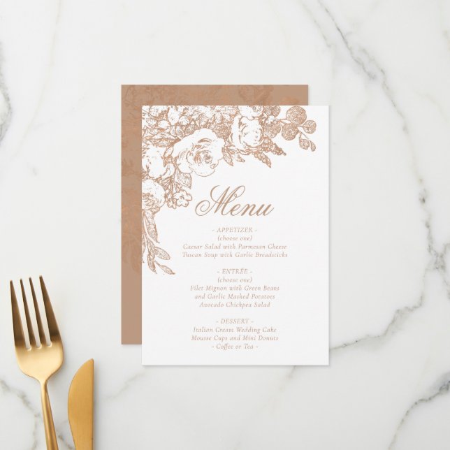 Menu Élégant botanique | Floral or Rose cuivre (Devant/Arrière en situation)