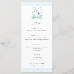 Menu Élégant Botanique Vert Bleu Monogramme Mariage