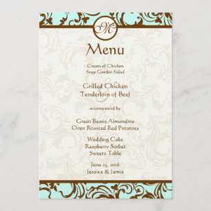 Menu Élégant Brown Vintage Damask sur Light Aqua Blue
