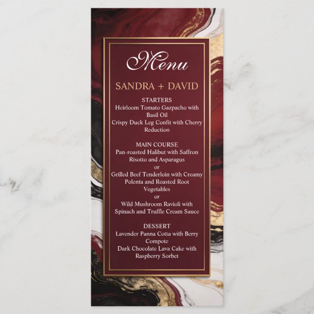 Menu Elegant Burgundy and Gold Marble Wedding (Devant)