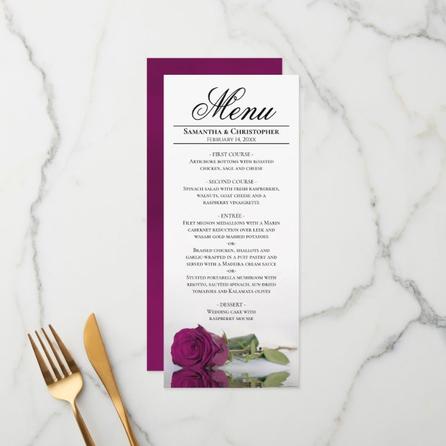 Menu Elégant Cassis ou Magenta Rose Réflexions Mariage (Devant/Arrière en situation)