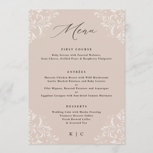 Menu Élégant Champagne Tan Classic Mariage (Devant)